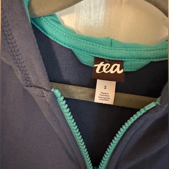 Tea Collection 2T sweatshirt with hood. Bluish-gray with teal accents. - Picture 3 of 4